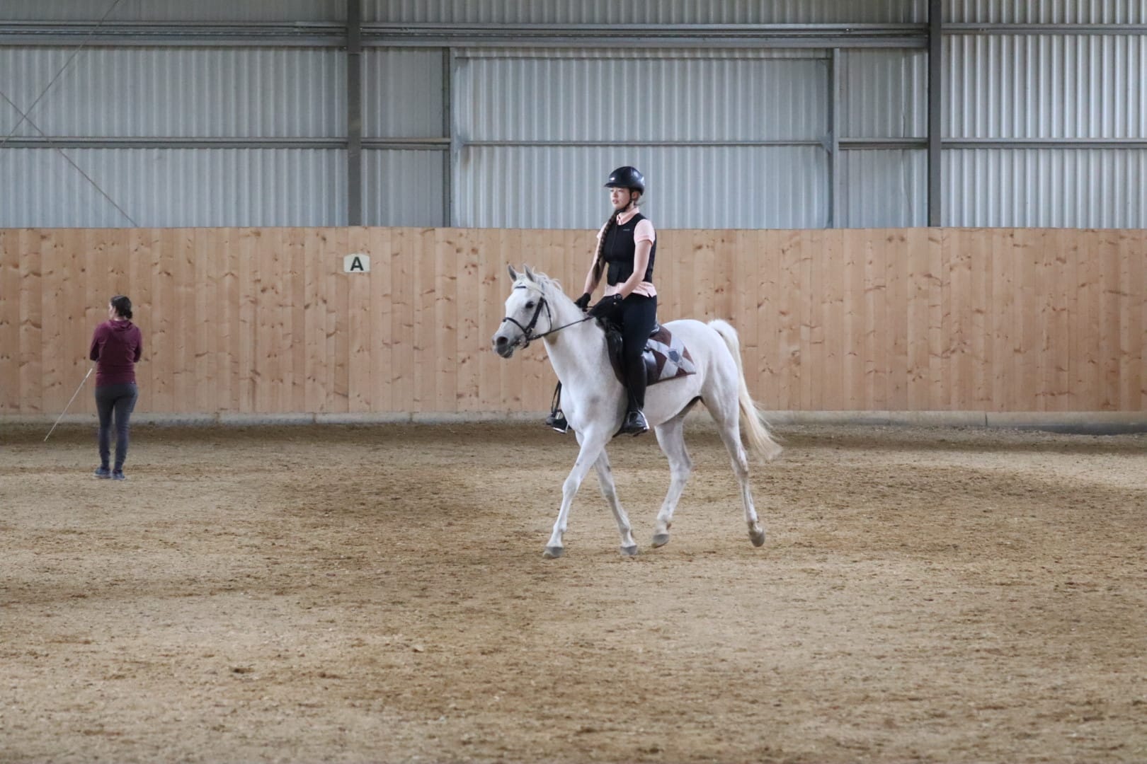 Das Bild zeigt die Fotografin im Trab auf der Araberstute Khen Saabis Eshfahara